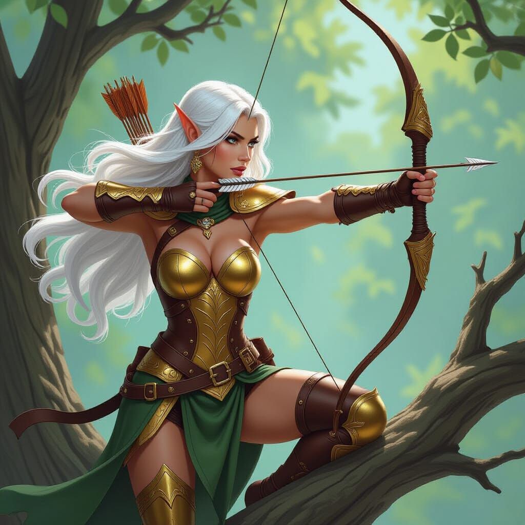 Elven Archer in Golden Armor Aims from Treetop