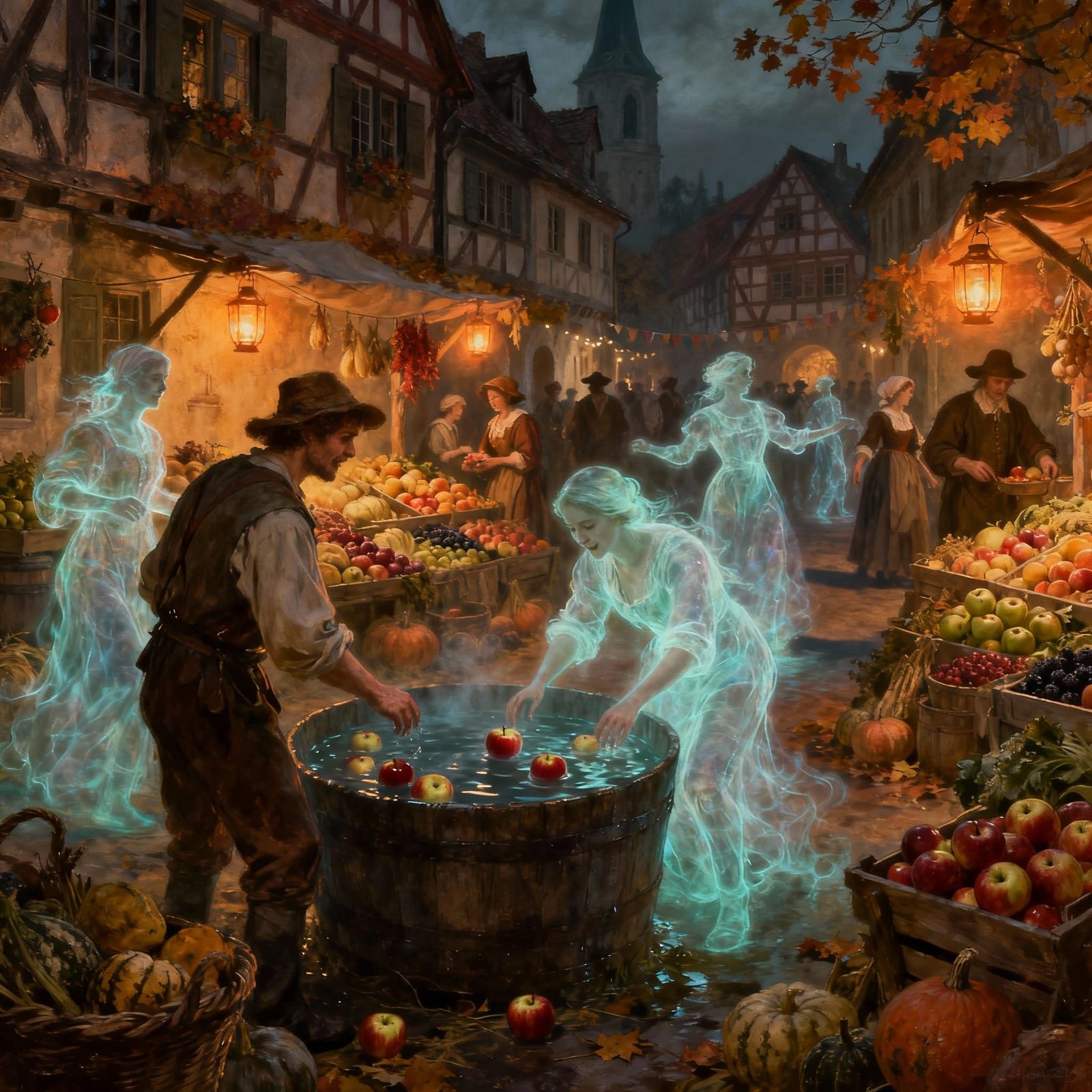 Ethereal Farmers Bobbing Apples in 1601 German Village