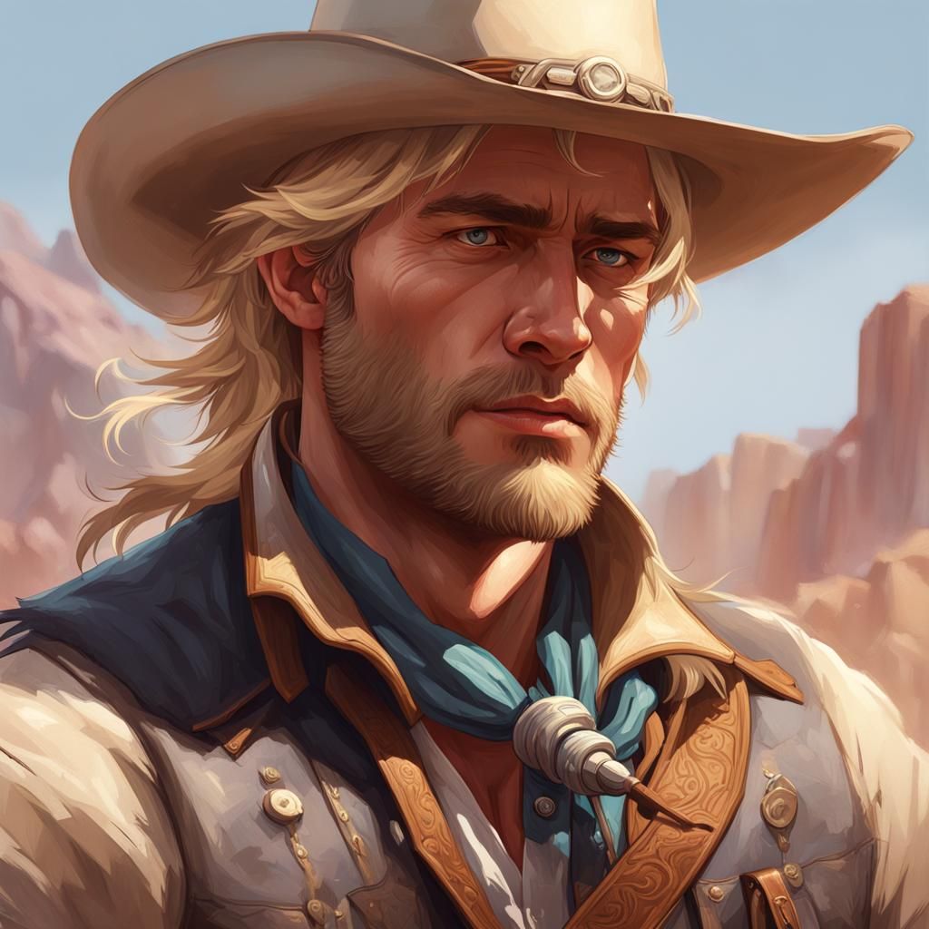 Blonde Cowboy Portrait with Lariat in Hyperdetailed Style
