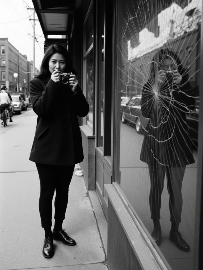 Monochrome City Portrait with Fractured Reflections