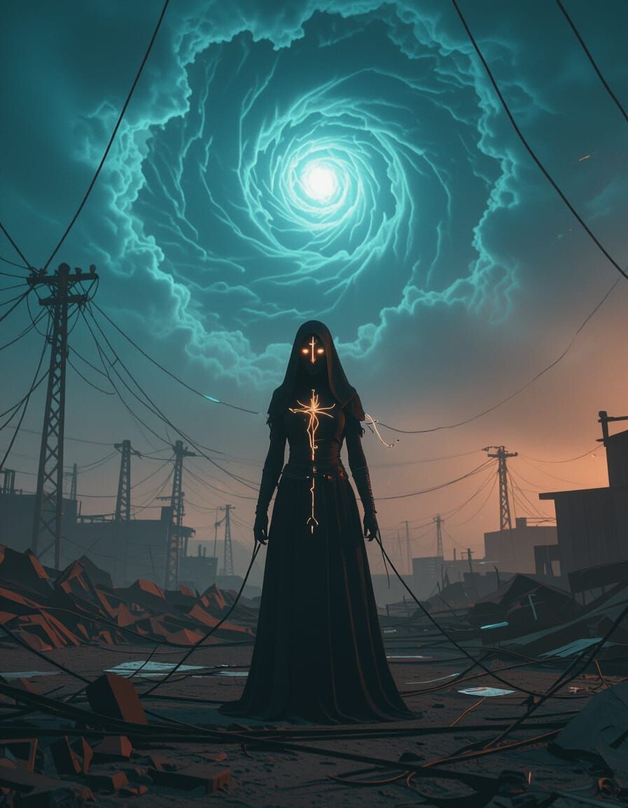 Lone Priestess in Rusted Techno-Wasteland with Electrical Si...