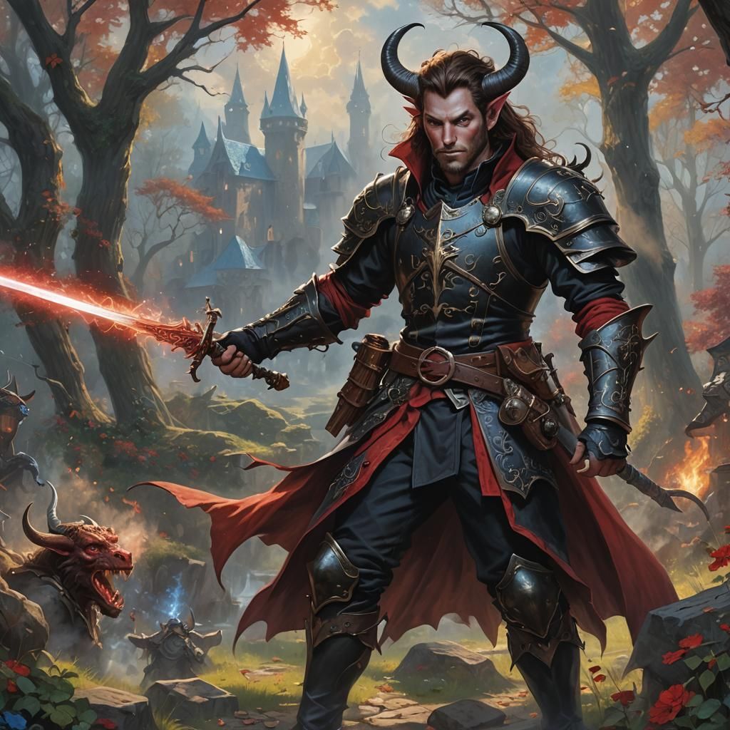 Tiefling Battlemage in Victorian Armor