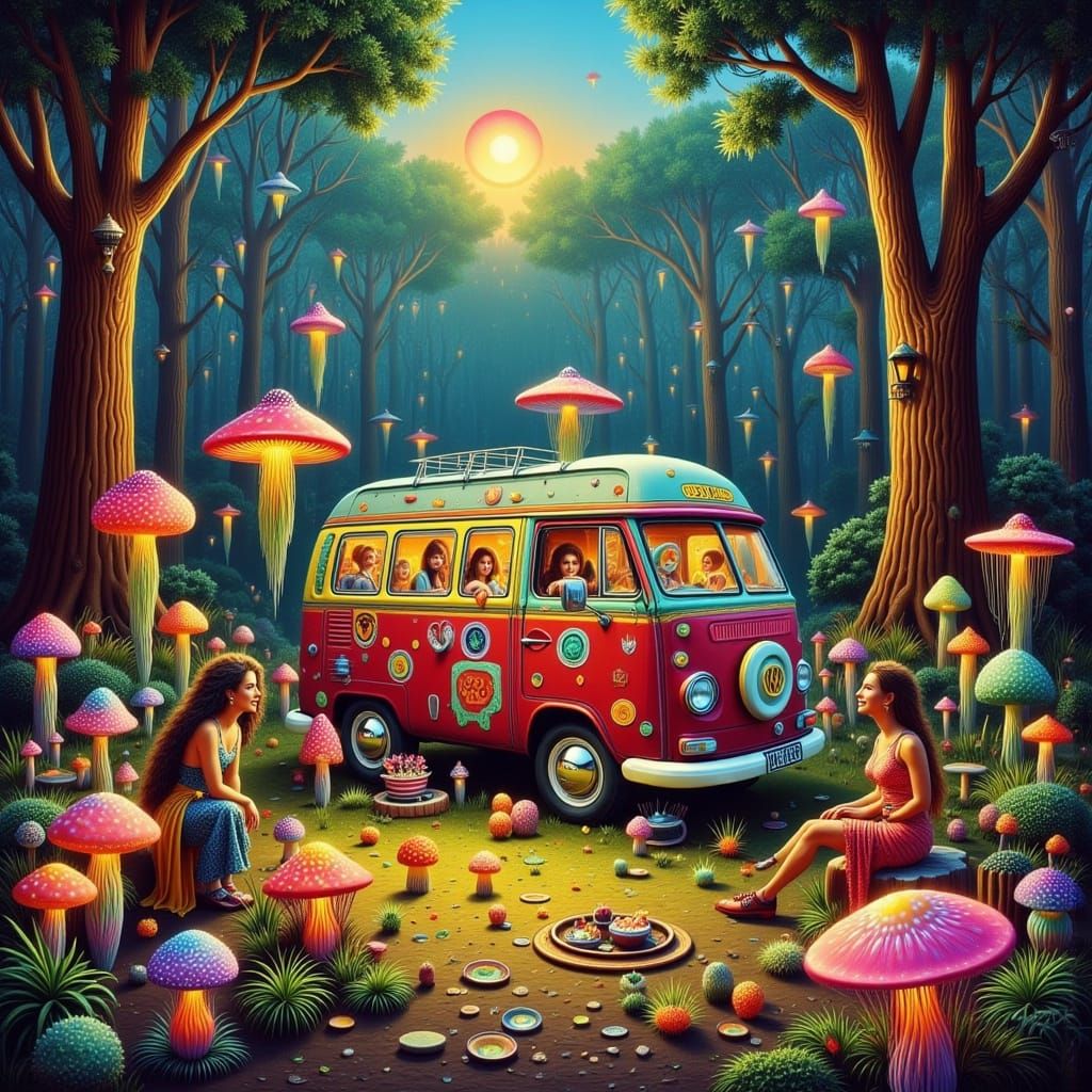 A colorful van is parked in a fantastical forest filled with oversized, glowing mushrooms. Two women are sitting on the ...