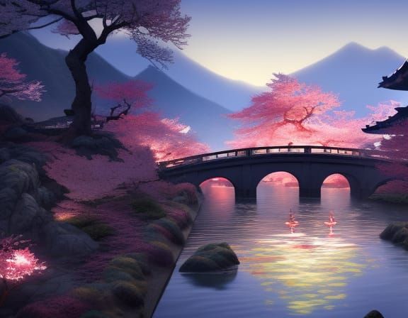 Moonlit Mount Fuji Landscape with Cherry Blossoms