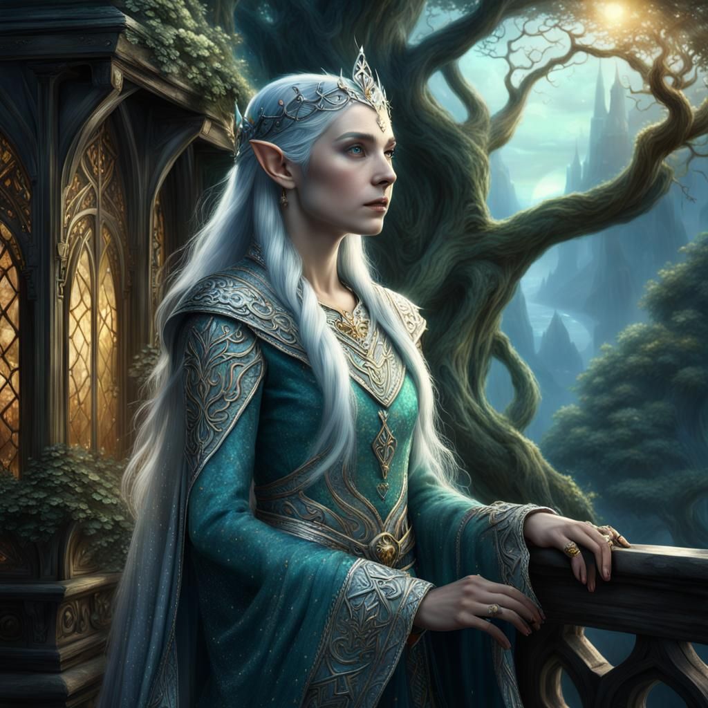 Elven Mage with Opal Tiara on Tree Balcony