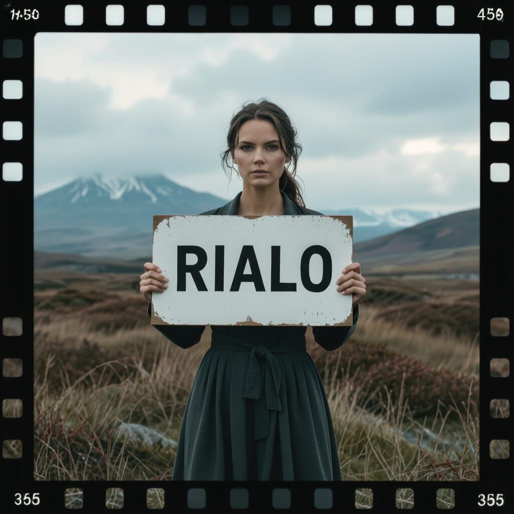 Woman Holds Sign in Dramatic Landscape