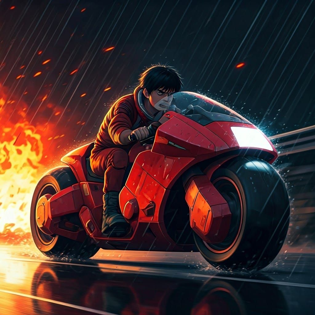 Shōtarō Kaneda Speeds Down Rain-Soaked Highway on Red Sports...