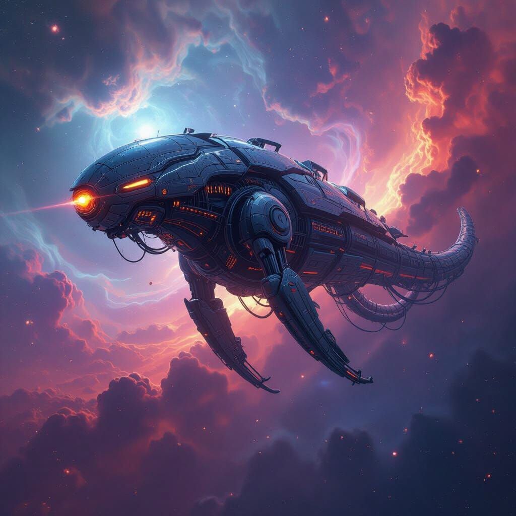 Colossal Biomechanical Leviathan in Nebula