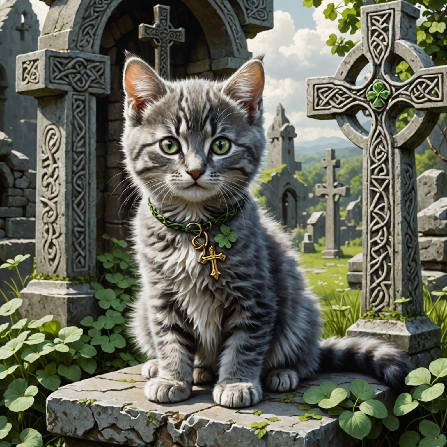 Kitten Amidst Celtic Crosses and Shamrocks in Whimsical Art ...