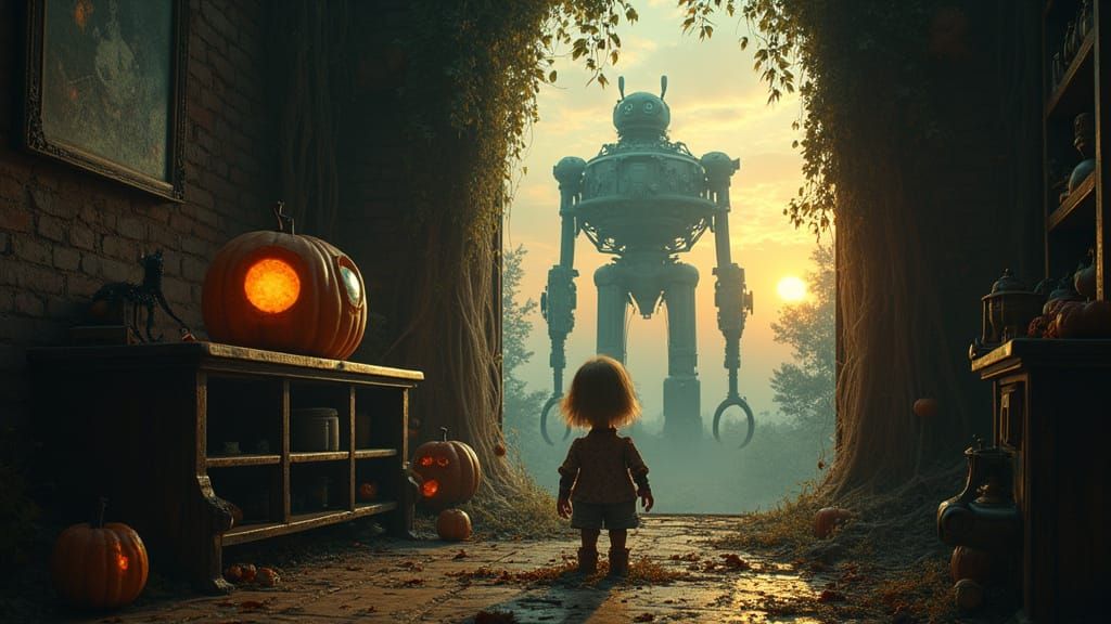 Maximalist Halloween Scene with Spectral Doll and Steel Behe...