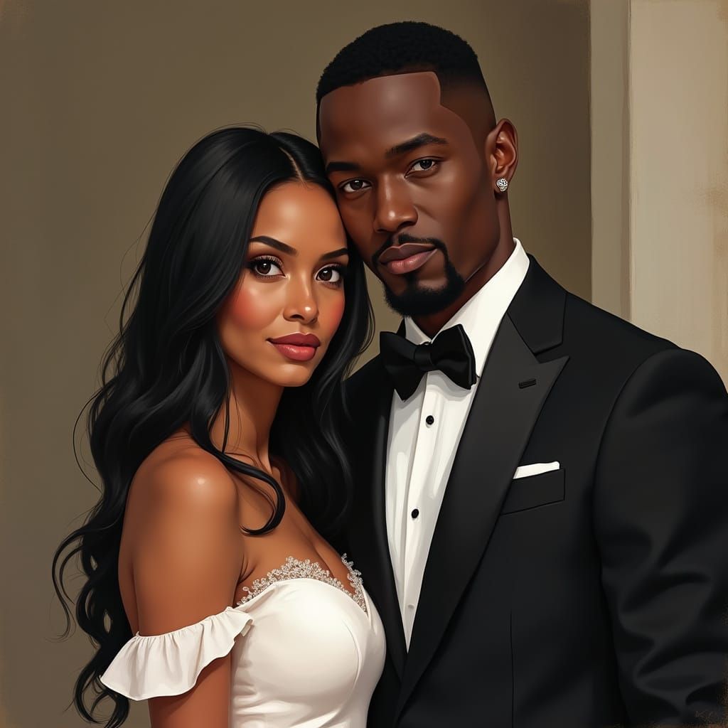 Elegant Black Man in Tuxedo Beside Bride in White Dress