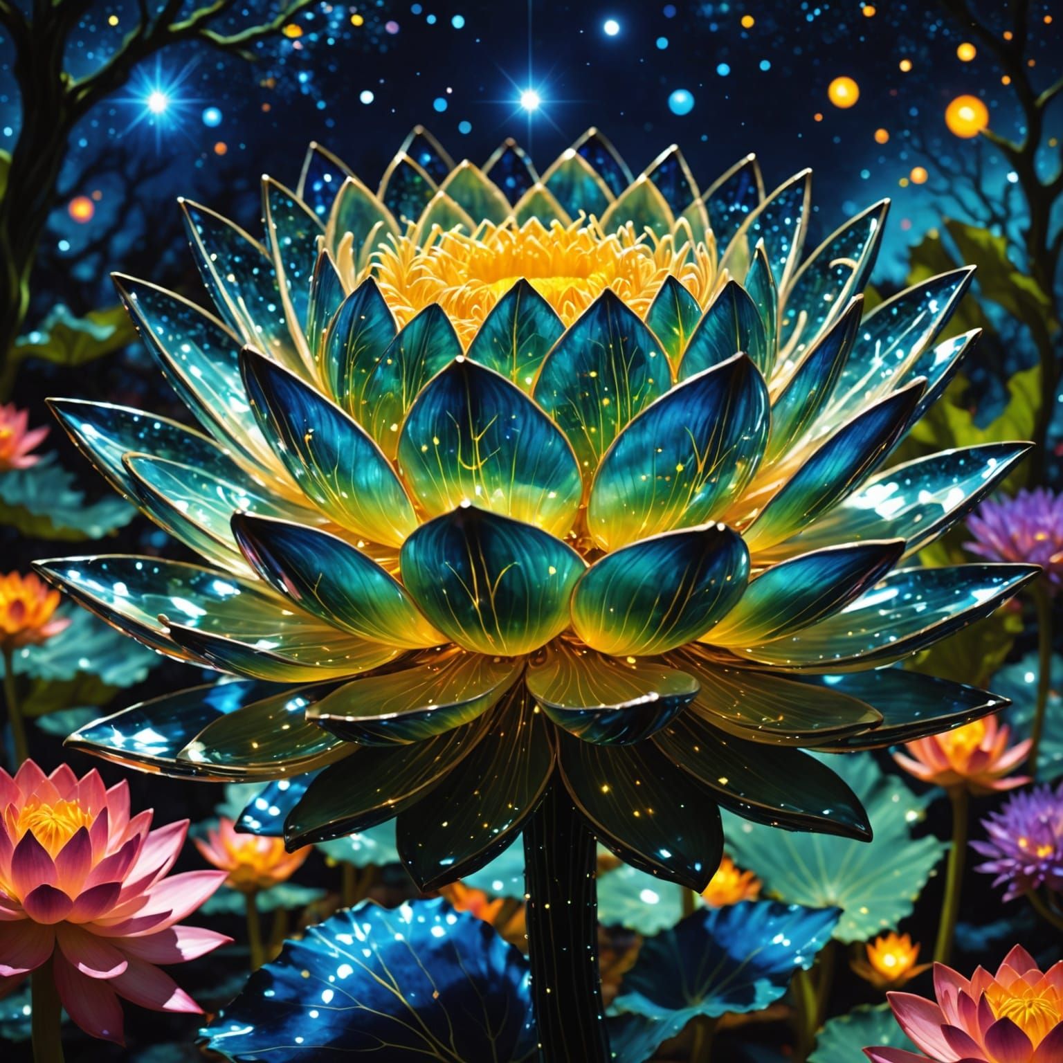 Luminescent Crystal Lotus in Starscape, Mixed Media Art