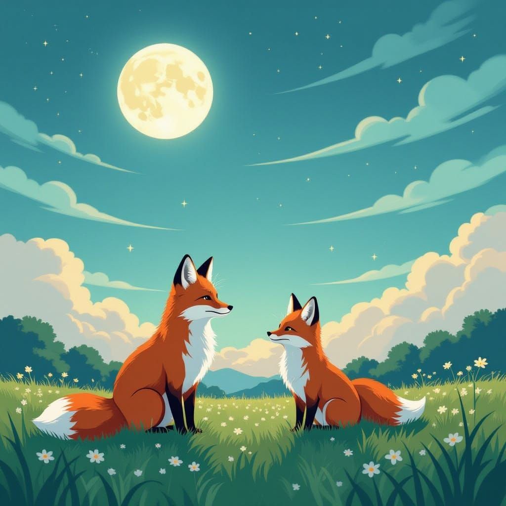 Red Fox and Kitsune Under Noctilucent Moon