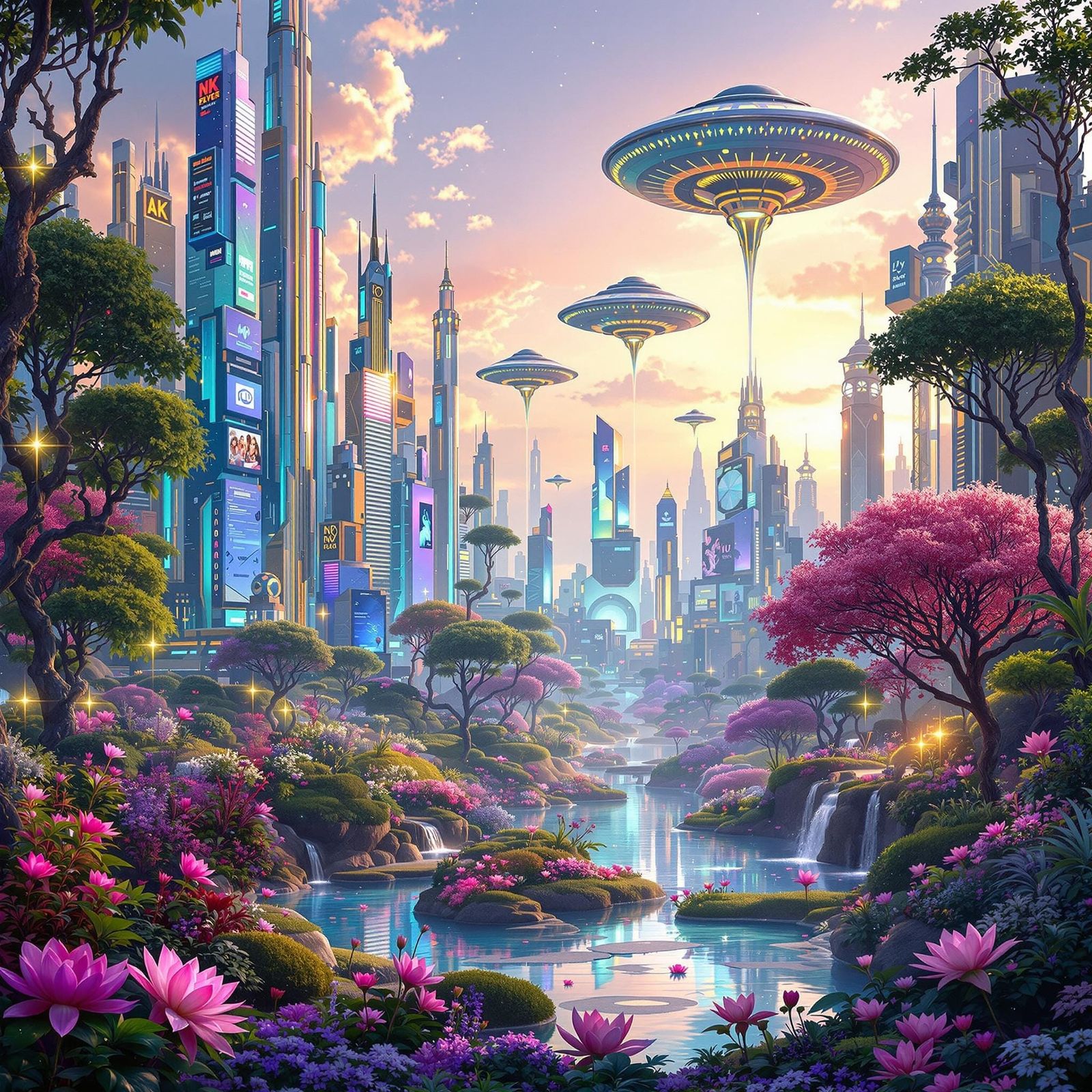 Cyberpunk Cityscape in Vibrant Hues and Iridescent Light