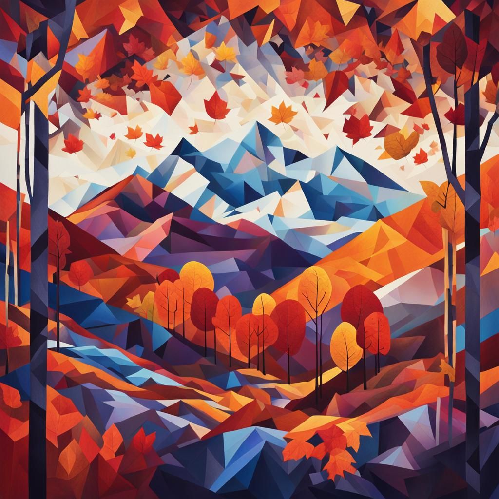 Geometric Autumn Landscape with Crystalline Forms