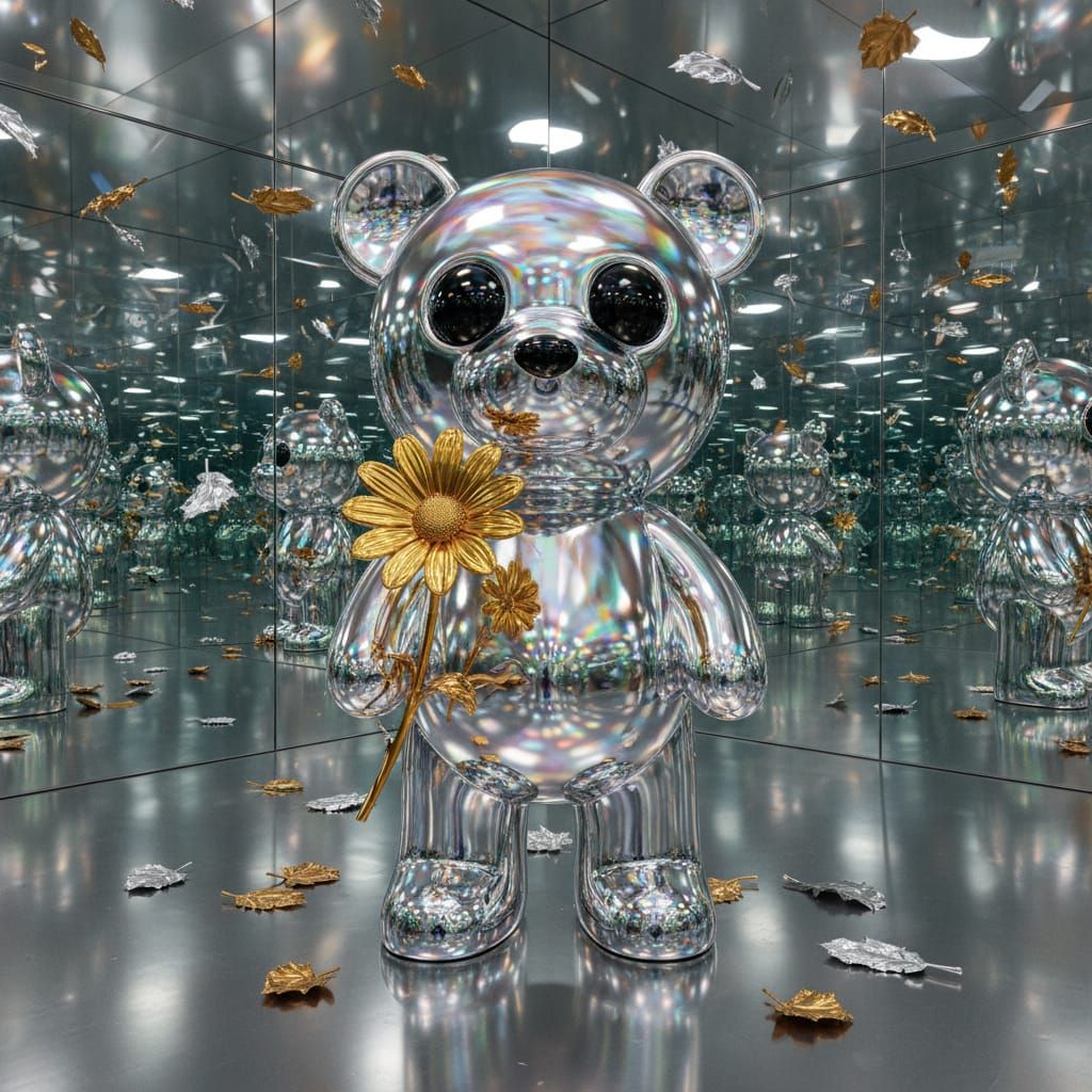 Chrome Bear Sculpture in Infinite Mirror Room