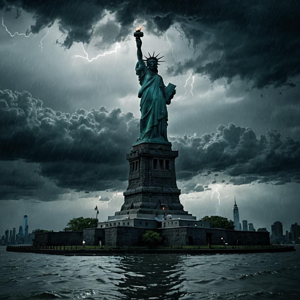 Statue of Liberty in Ominous Dystopian Storm