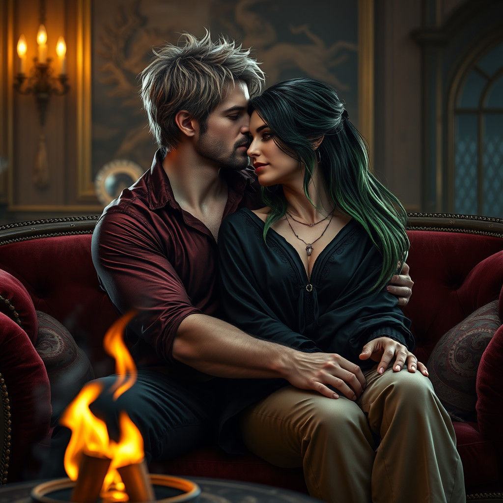 Vampire and Sorceress Relaxing on Medieval Couch