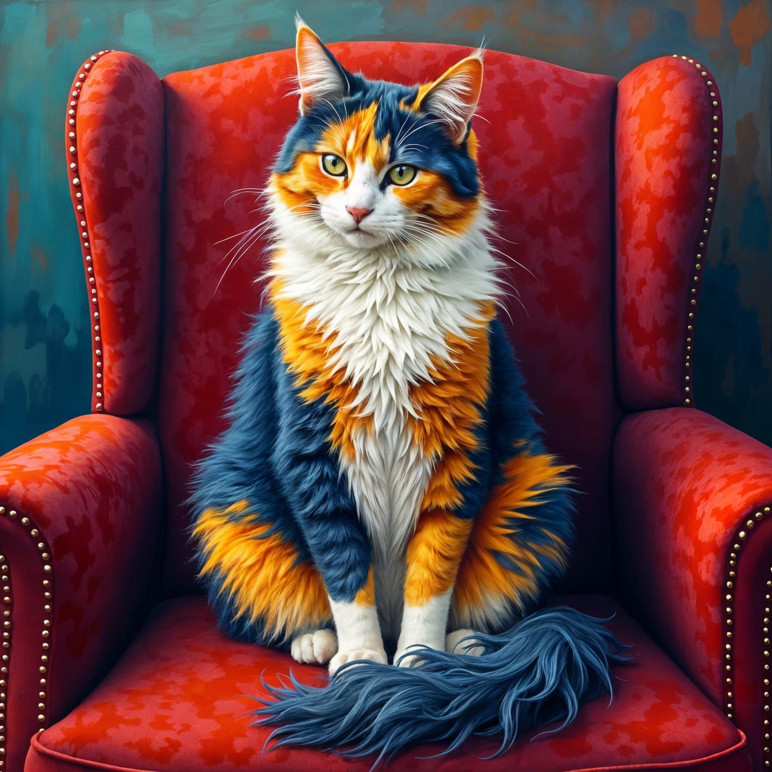 Whimsical Triadic Colors Blend into a Curly Calico Cat