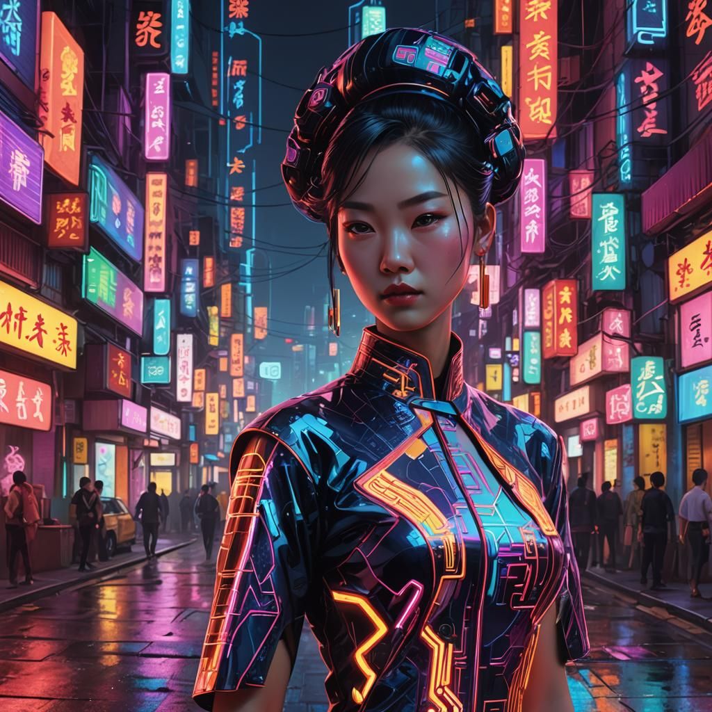 Cyberpunk Qipao with Neon Glow in Cityscape