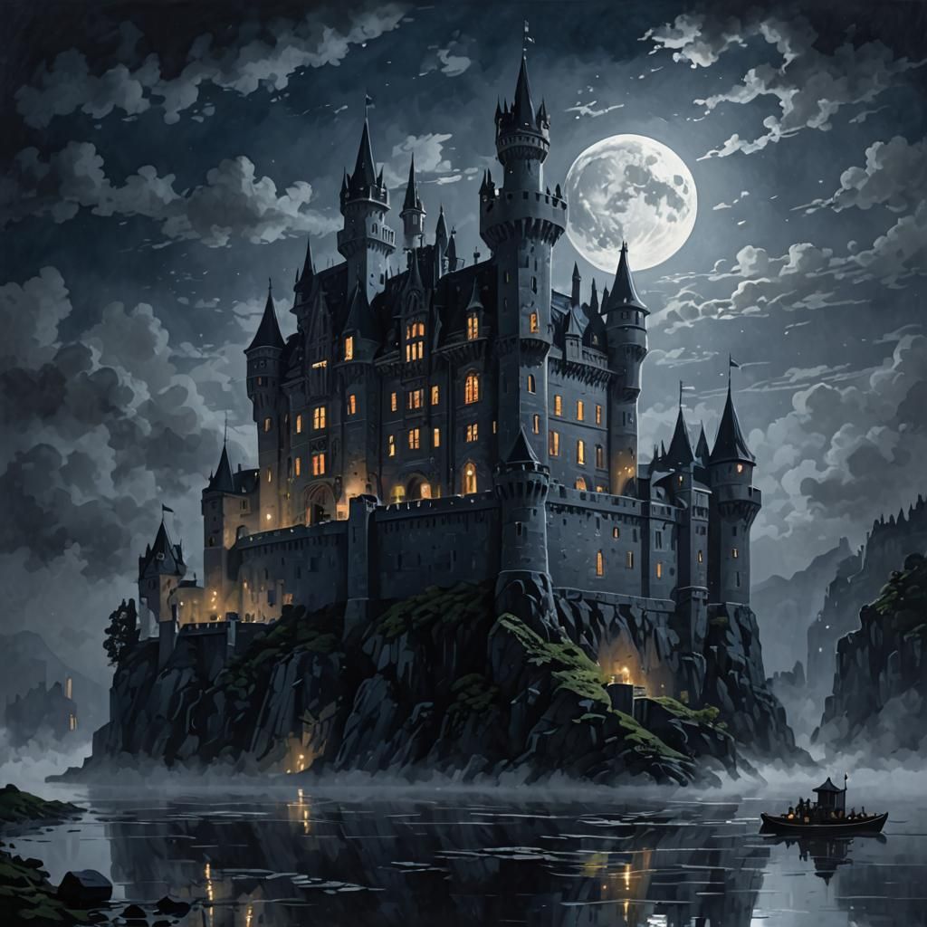 Majestic Castle Floating in Misty Moonlight Night