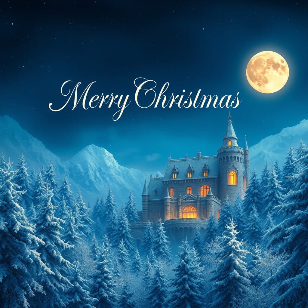 Whimsical Winter Castle Illuminated by Golden Moonlight