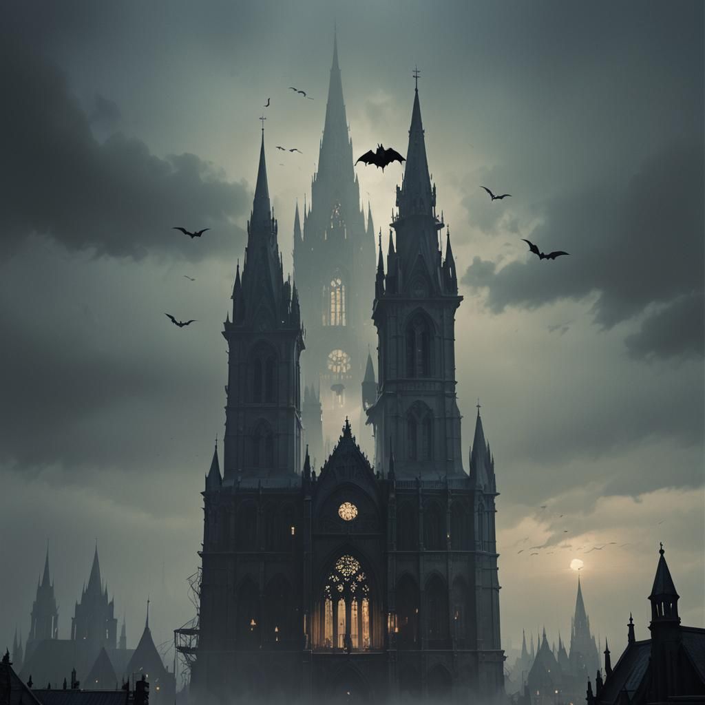 Batman on Gothic Cathedral in Dark Fantasy Style