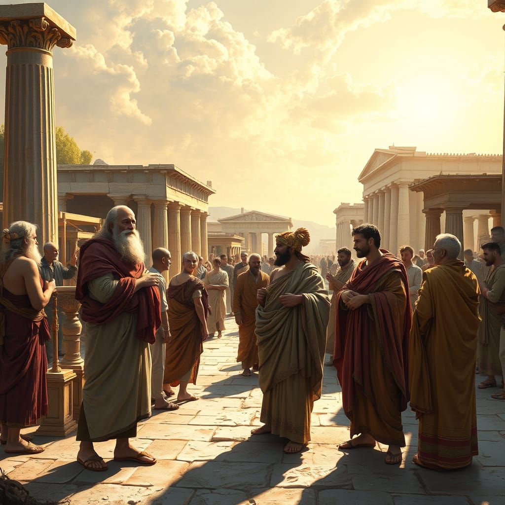 Vibrant Athenian Agora with Philosophers and Traders