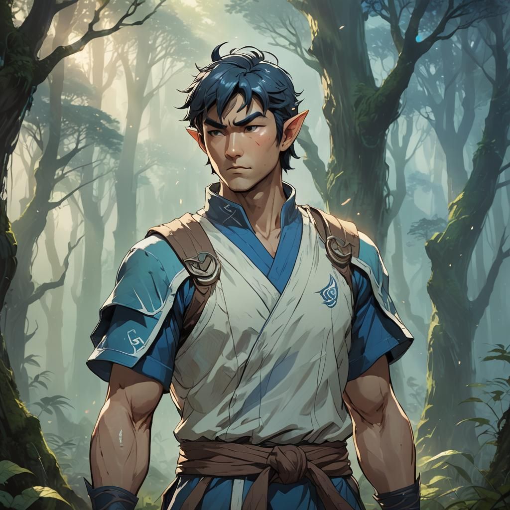 Elf Ryu in Misty Forest: Anime-Inspired Fantasy Art