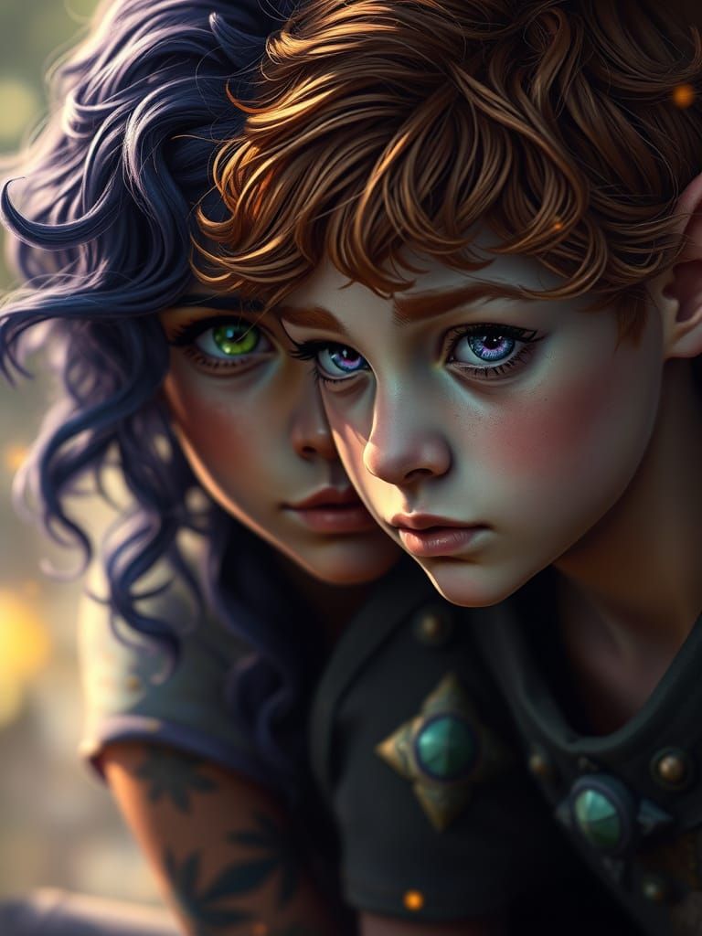 Hyperdetailed Elf Twins in Dark Fantasy Style
