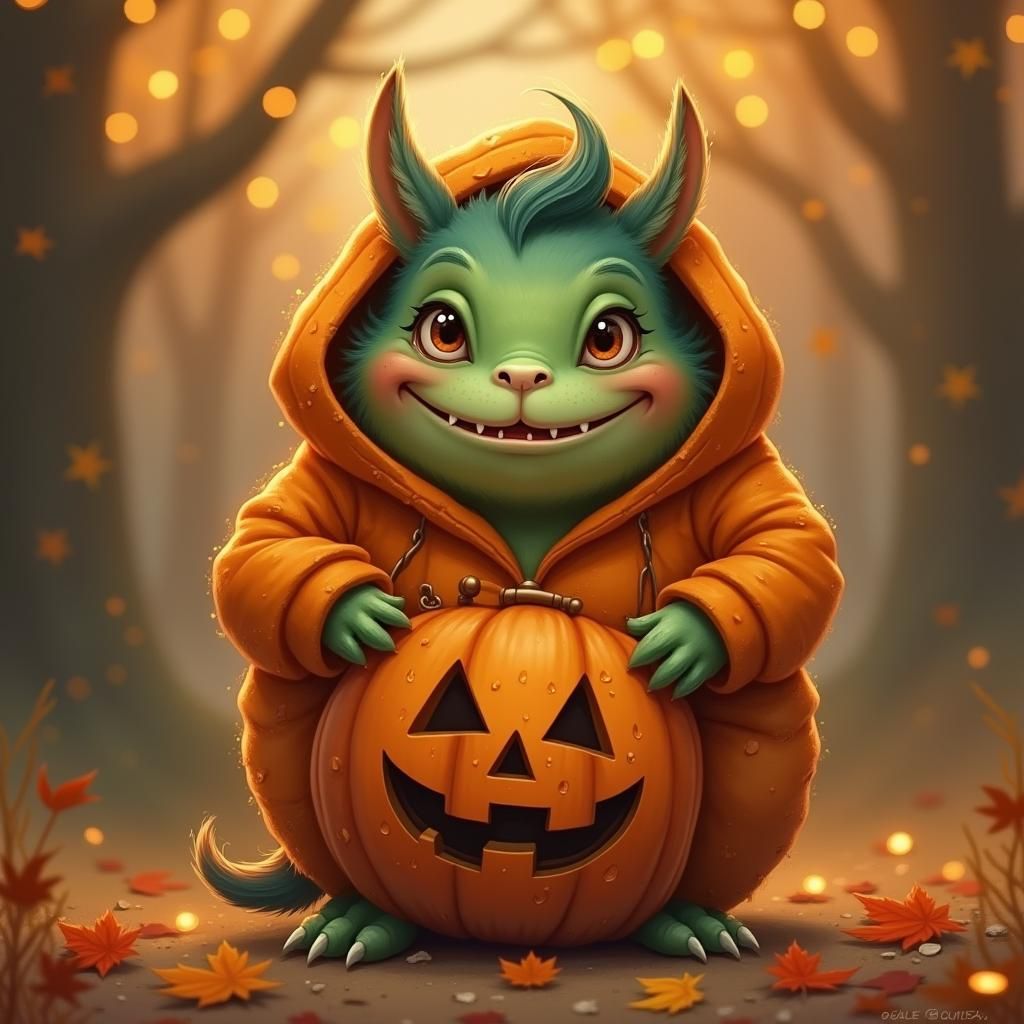 Adorable Monster with Halloween Bag, Cartoon Style