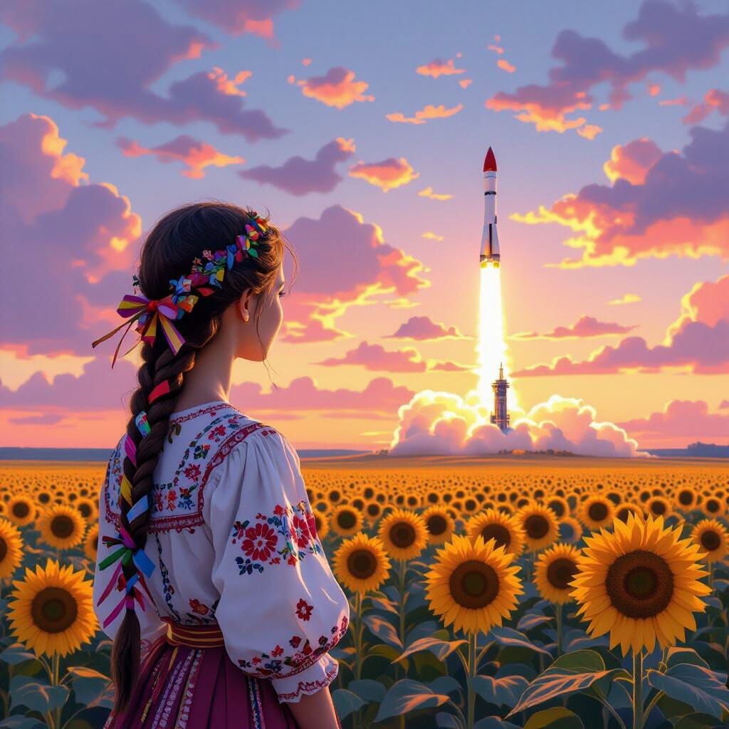 Ukrainian Woman in Sunflower Field Watches Spaceship Launch