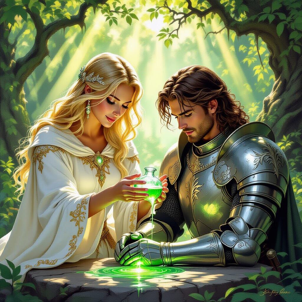 Female Healer Mends Knight's Wound with Magic Potion