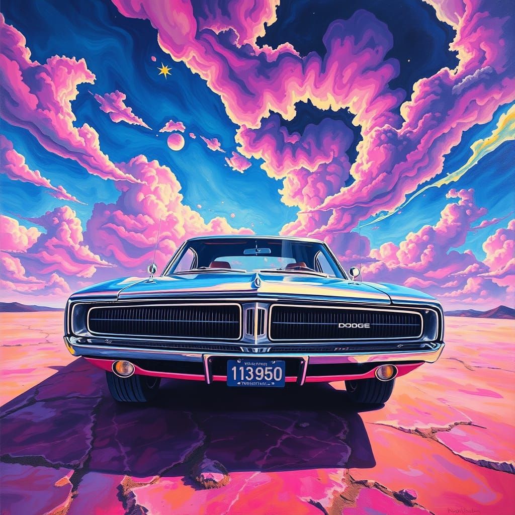 1969 Dodge Charger. Oil painting. The car's chrome gleams un...