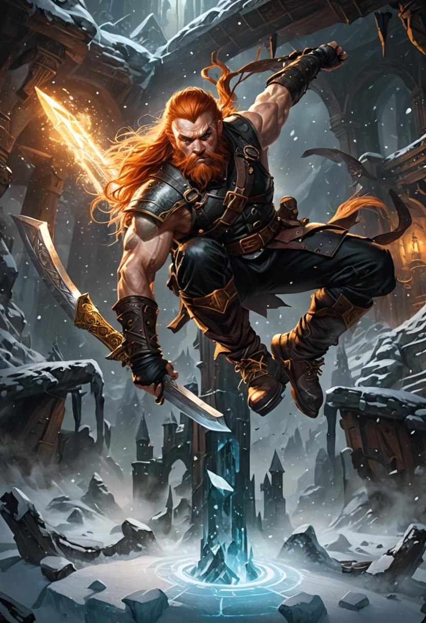 Dynamic Dwarf Assassin Leaping in Cavernous Room