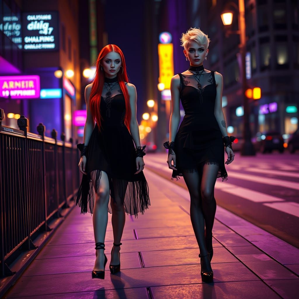 Goth Babes in Dark Fantasy Cityscape