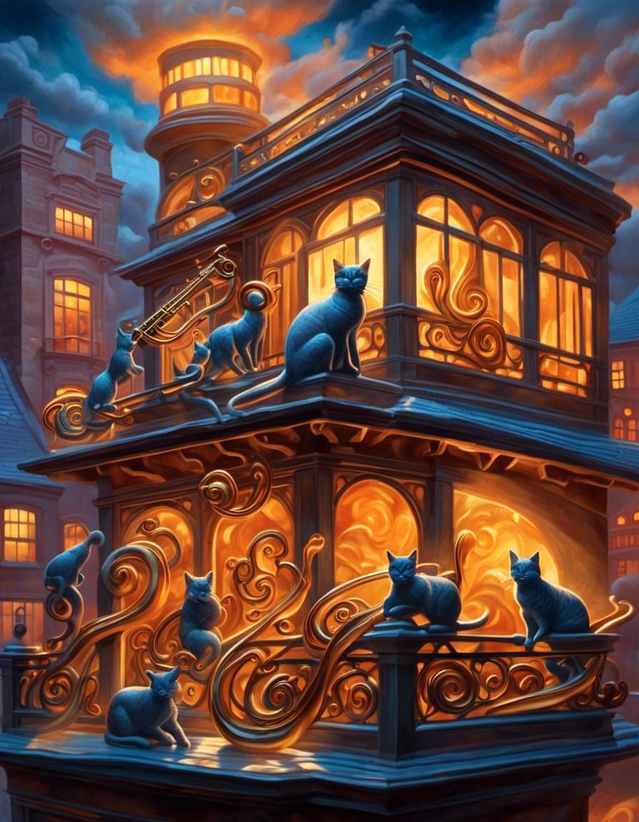 Vibrant Cats Play Jazz: Van Gogh-Inspired Sculpture