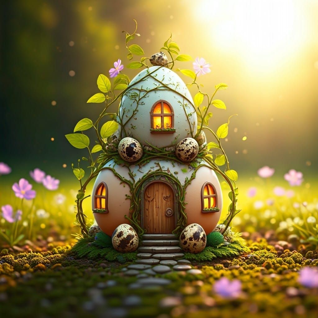 Whimsical Eggshell Fairy Abode in a Vibrant Meadow