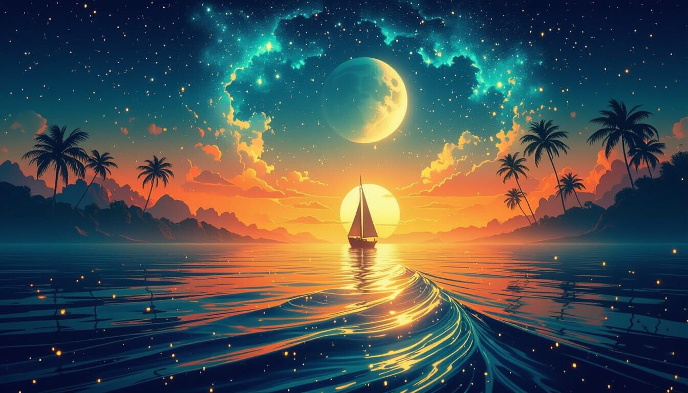 Dusk Seascape with Moonrise and Bioluminescence