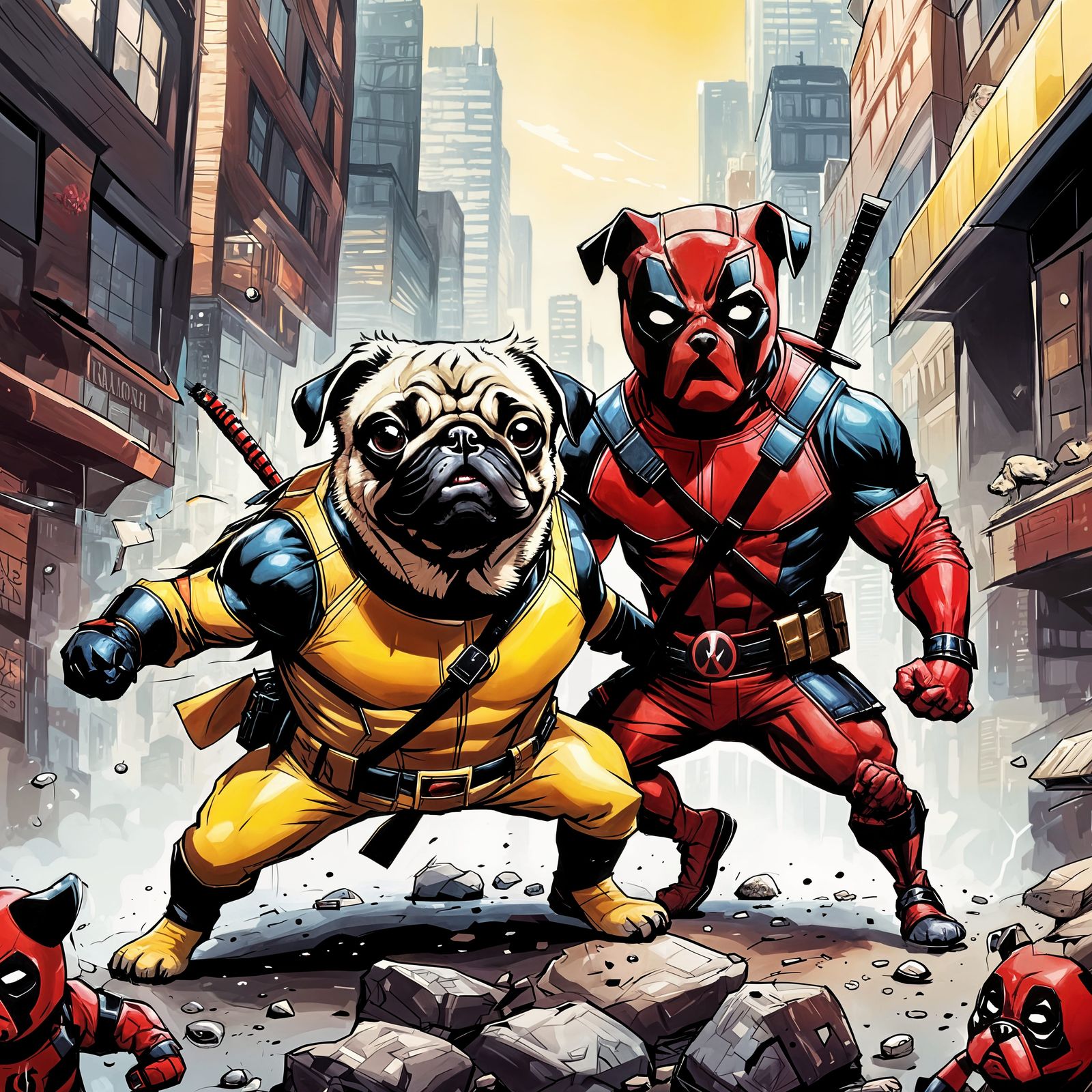 Pugs Cosplaying as Deadpool and Wolverine