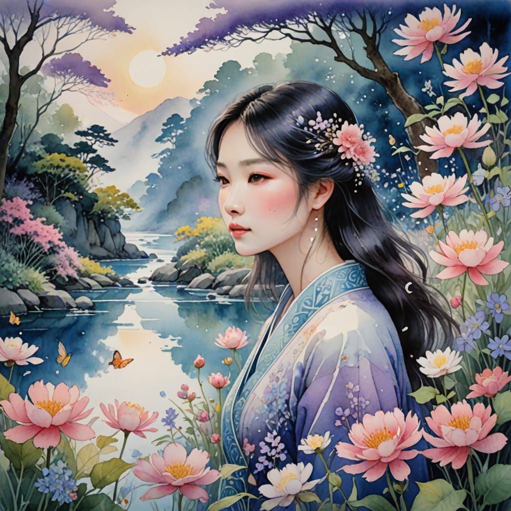 Dreamlike Wellspring Surrounded by Vibrant Blooms