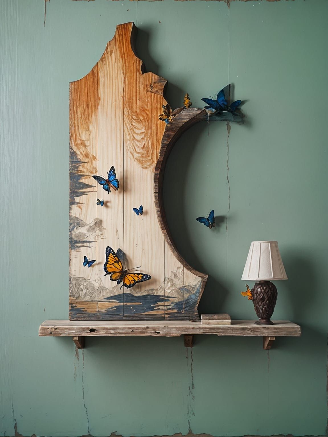 Surreal Aged Wood Panel with Butterflies and Angry Birds