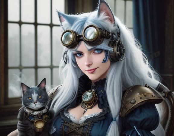 Steampunk Girl with Cat Ears and Goggles