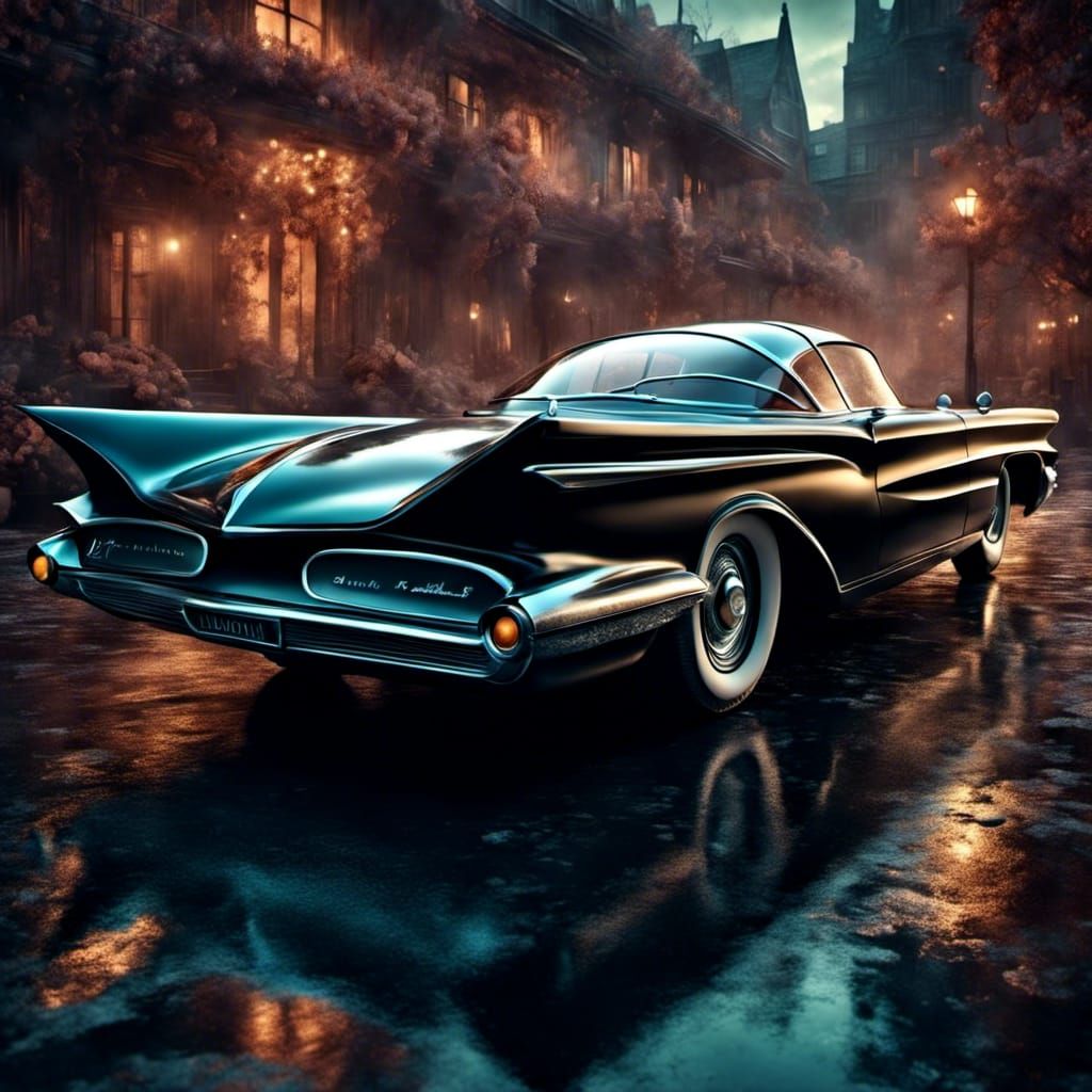 Hyperrealistic 1960s Batmobile in Gothic Setting