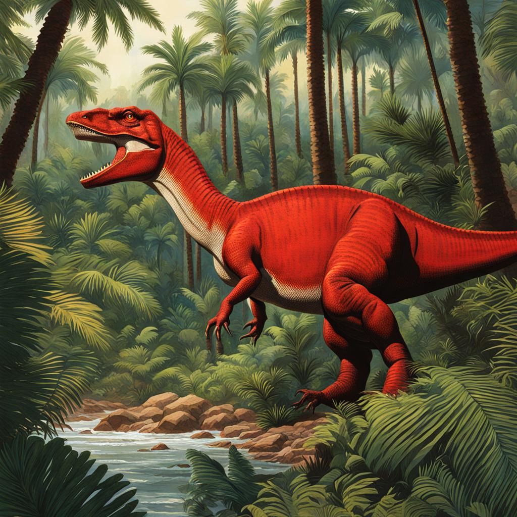 Red Allosaurus Dinosaur in Coastal Forest Illustration