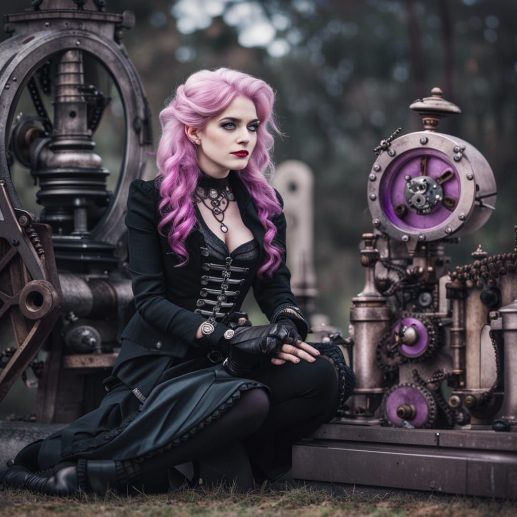 Pink-Haired Woman in Cemetery with Steampunk Engine