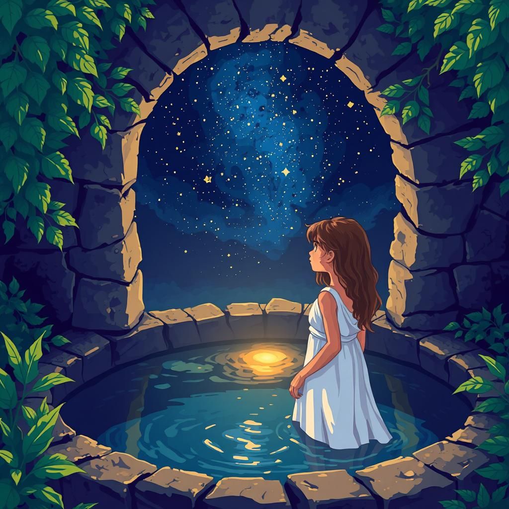 Ethereal Girl Gazing into Starry Well, in Pixel Art