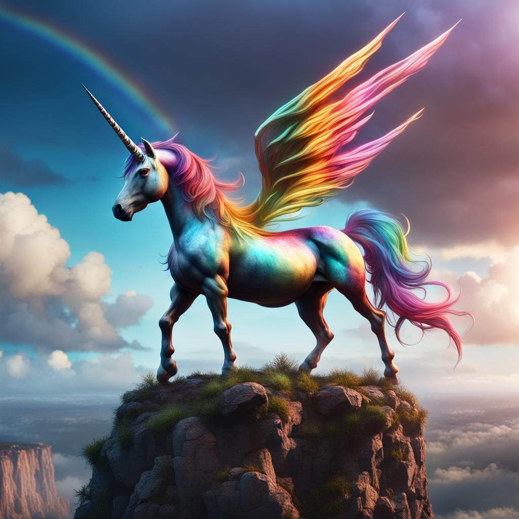 Rainbow Unicorn on a Cliff in Fantasy Art