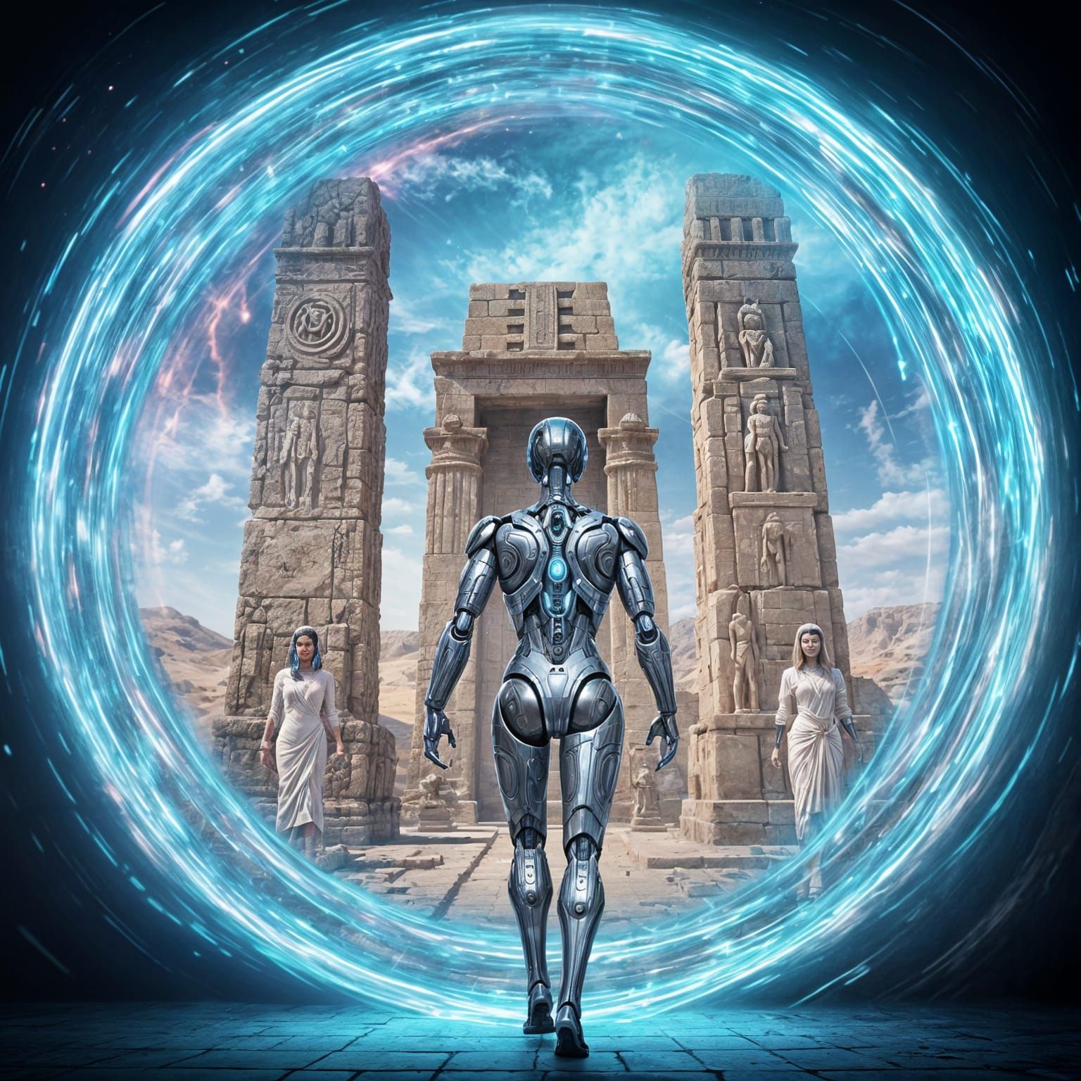 Android Stepping Through a Portal to Ancient Temple