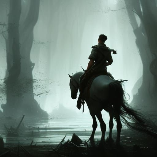 Sad Boy and Drowning Horse: Dark Fantasy Art